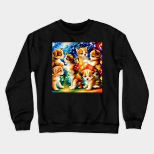 Colorful Puppies and Kitten Playing Crewneck Sweatshirt